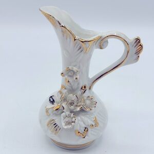 VTG mini Sophia Ann Elegant White and Gold Floral Pitcher/ vase . 4 1/4" T